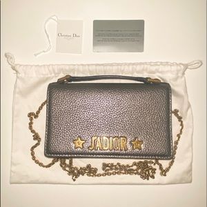 CHRISTIAN DIOR J’adior Gunmetal Top Handle Leather Chain Strap Clutch